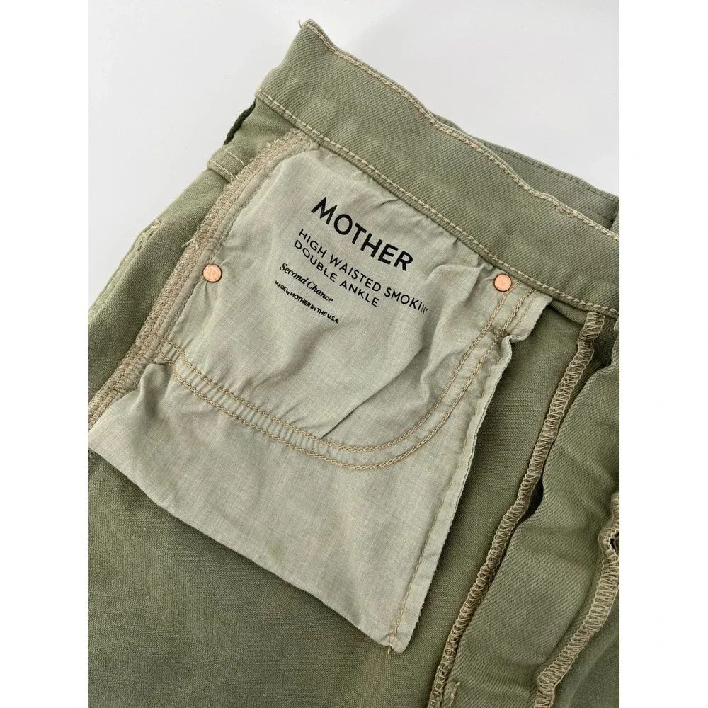 MOTHER High Waisted Smokin Double Ankle Jeans Oil Green‎ Raw Hem Size 32